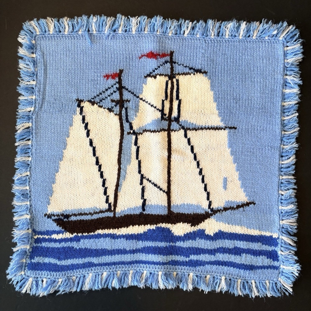 Vintage Textile‎ Nautical Clipper Ship Throw Pillow Cover Sham Blue & White 15"